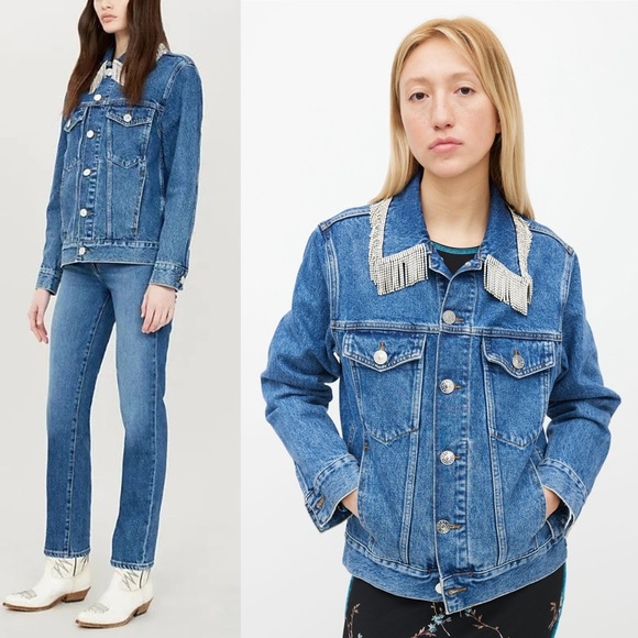 SANDRO Crystal Rhinestone Fringe Collar‎ Oversized Denim Trucker Jean Jacket M - Picture 5 of 15